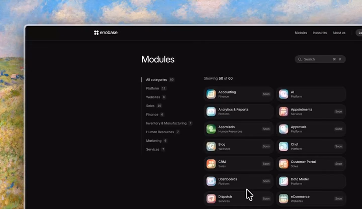 Enobase Module Directory Live Preview — UI design by Noe