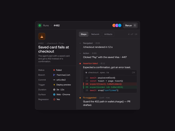 AI Agent Test Run & Code Diff Interface — UI design by Yuri Gokoryan