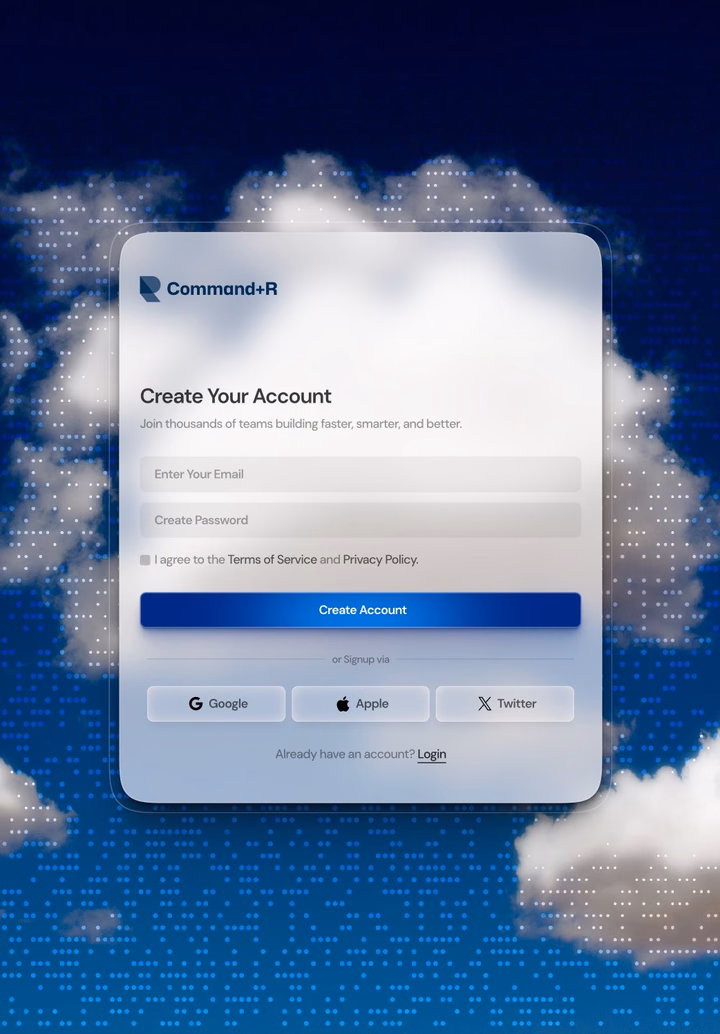 Command+R Account Signup Page with Glassmorphism — UI design by Simoom