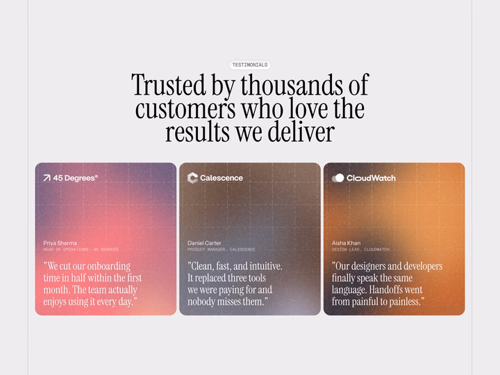 Editorial Testimonials Section with Gradient Cards — UI design by Kartik Bansal