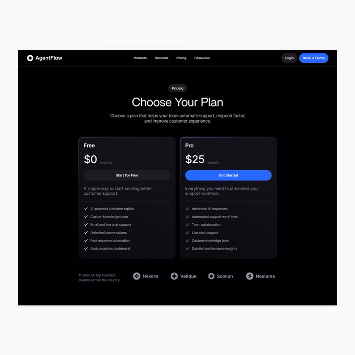 AgentFlow Pricing Page — UI design by Kevser