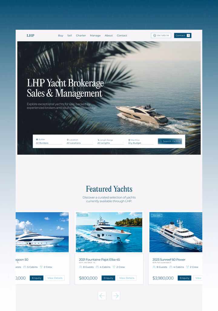LHP Yacht Brokerage & Management Website — UI design by Nati