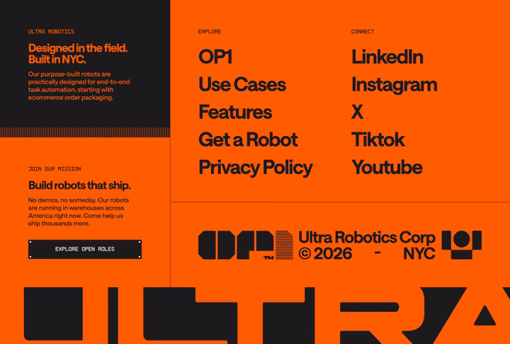 Neo-Brutalist Robotics Brand Website Footer — UI design by Kyle Anthony Miller