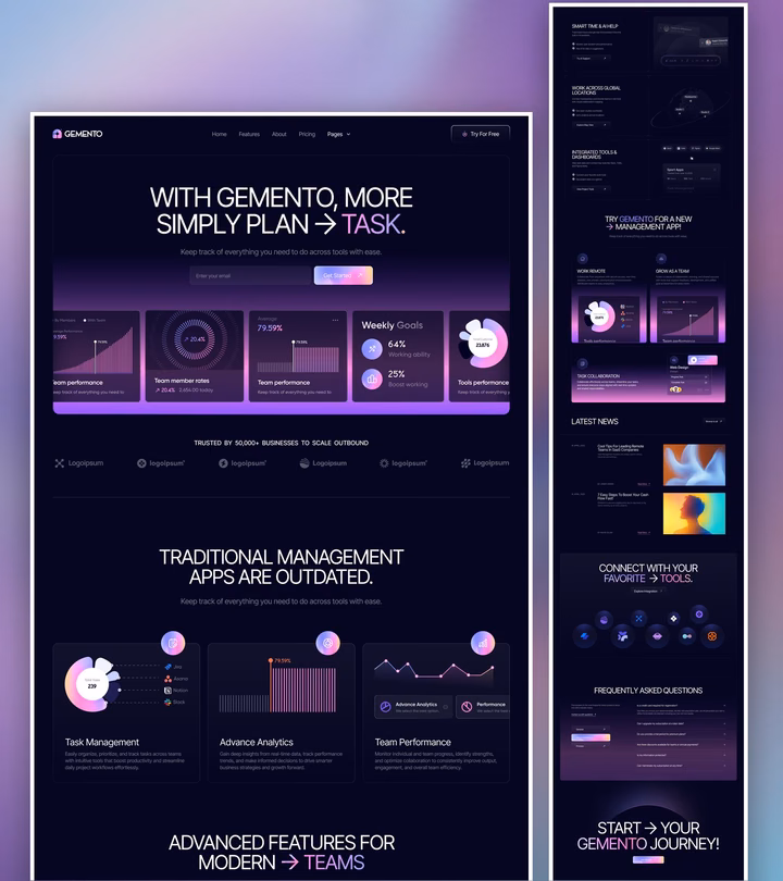 SaaS Task Management Landing Page with Dark Mode UI — UI design by Kazi Ehsan