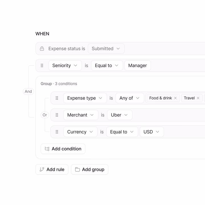 Clean Modular Automation Rule Builder UI — UI design by Jamie Merrill
