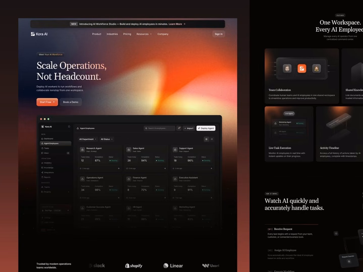 Kora AI Agent Workforce Homepage UI/UX Design UI design inspiration