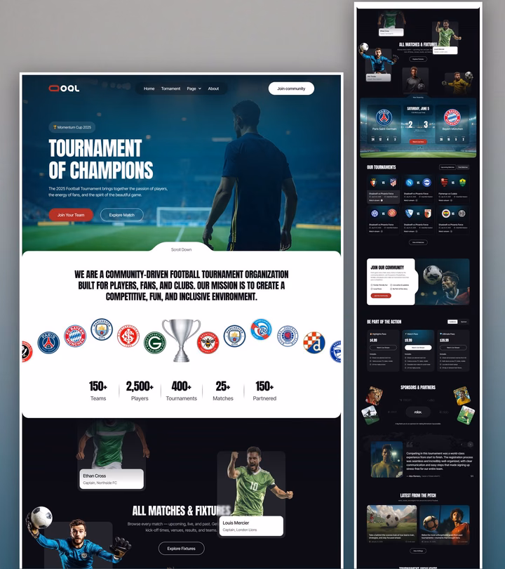 Football Tournament Organization Landing Page UI design inspiration